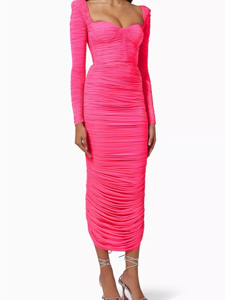 Alex Perry Ruched Long-Sleeve Sweetheart Midi Dress In Hot Pink